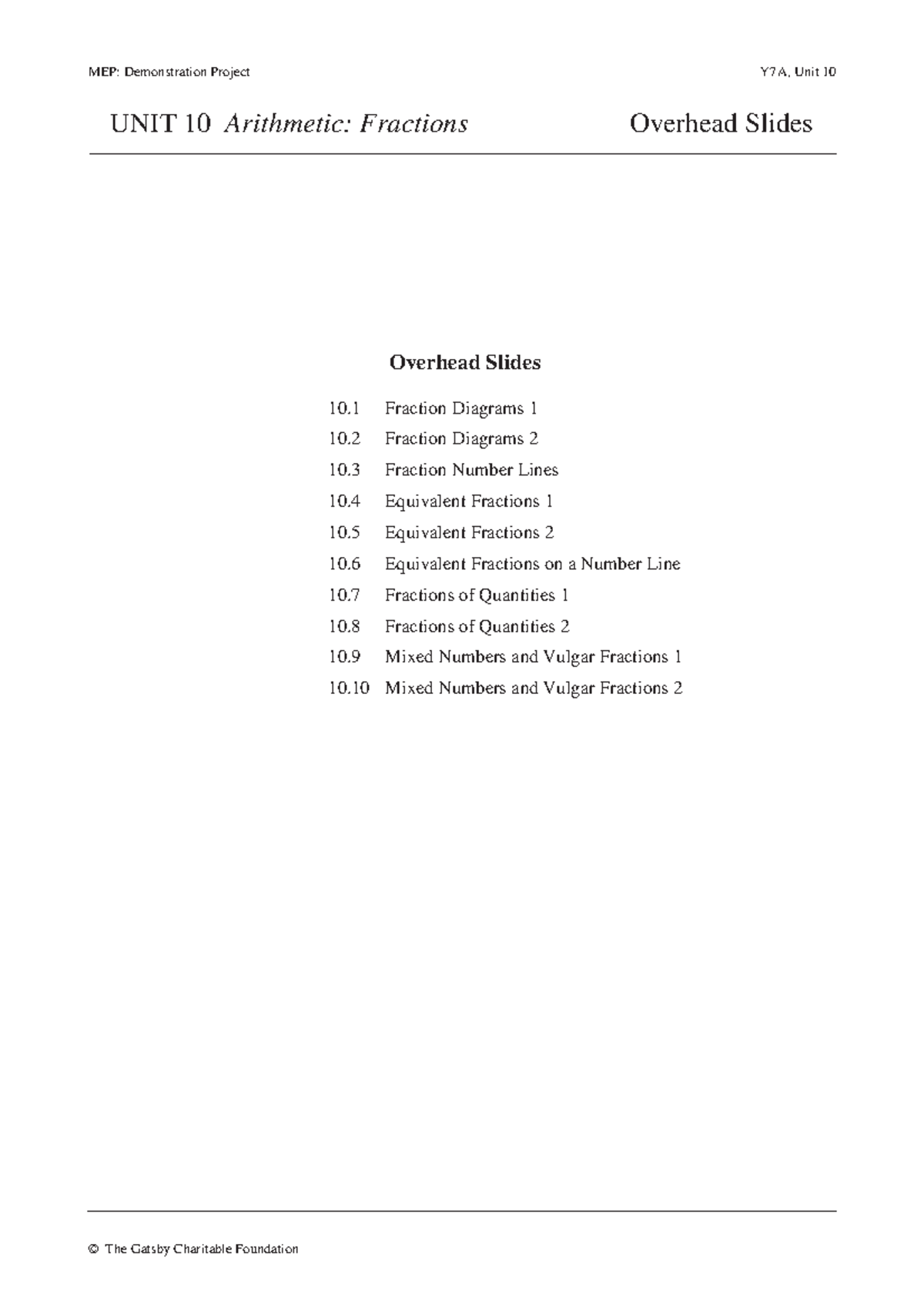 Unit 10 arithmetic fractions overhead slides notes - MEP: Demonstration ...