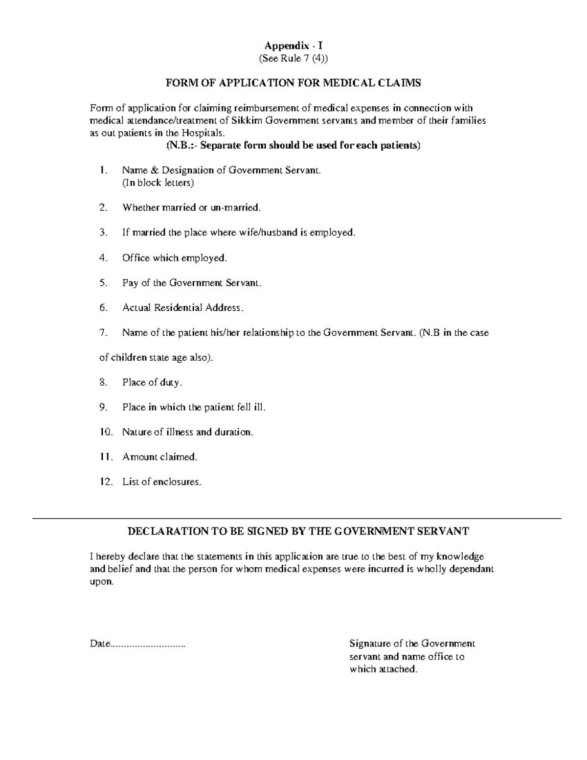 Medical Claim Application Form for Sikkim Government Servants - Studocu