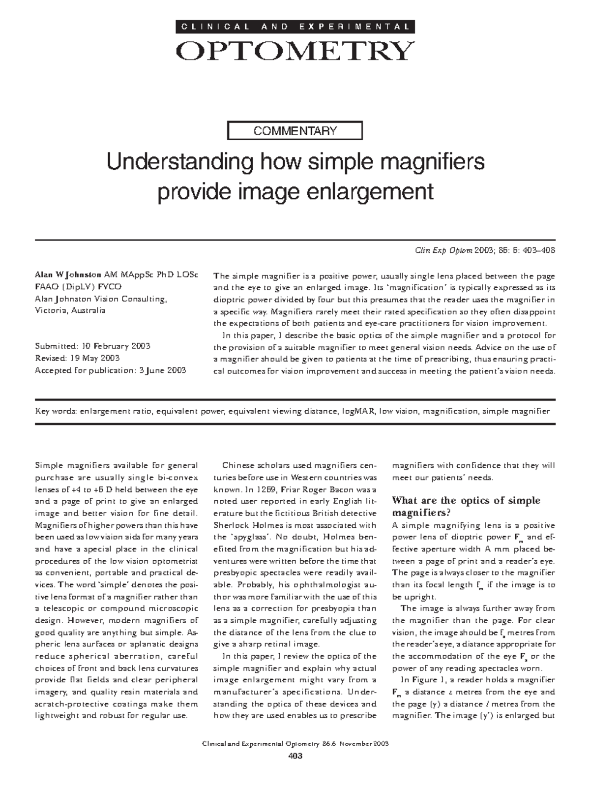 Clinical and Experimental Optometry 86.6: Simple Magnifiers Commentary ...