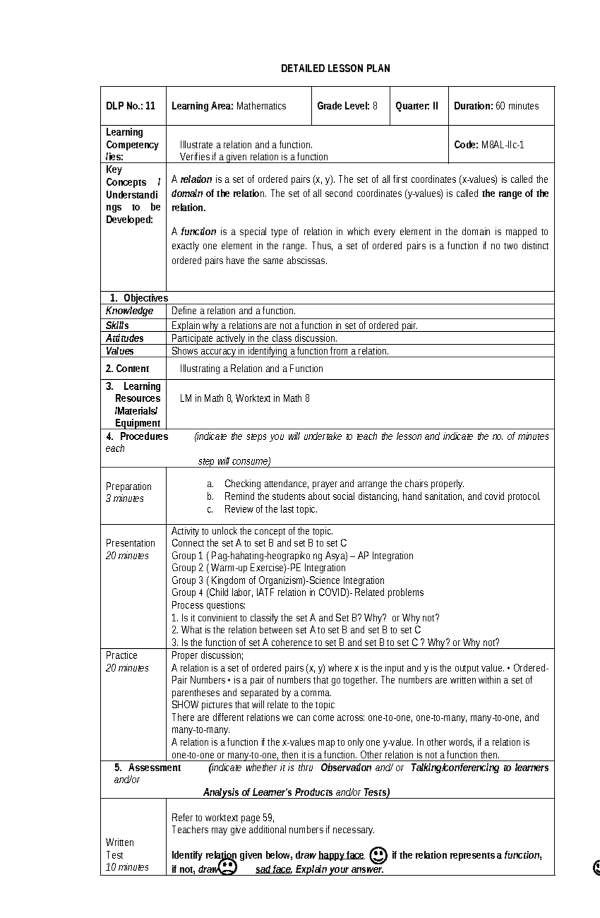 Detailed Lesson Plan in Math 8 - Q2: Relations and Functions - Studocu