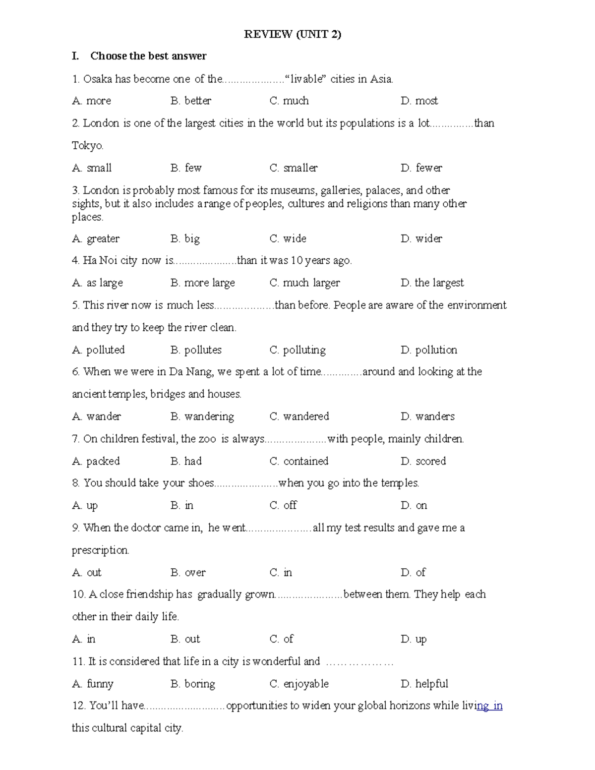 Unit 2 Review: English Grammar Exercises and Key Answers - Studocu