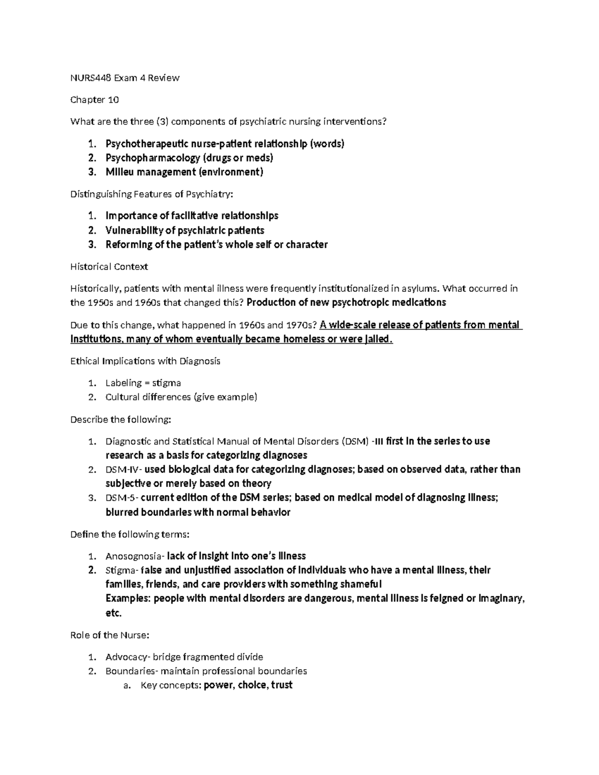 NURS448 Exam 4 Review: Key Concepts in Psychiatric Nursing - Studocu