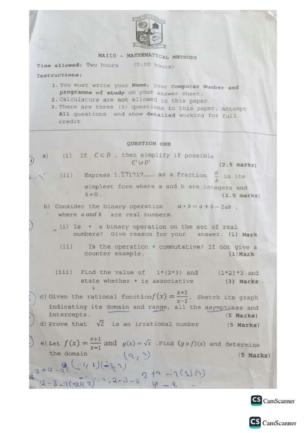 Ma110 Mathematical Methods I Test 1 Comprehensive Solutions And