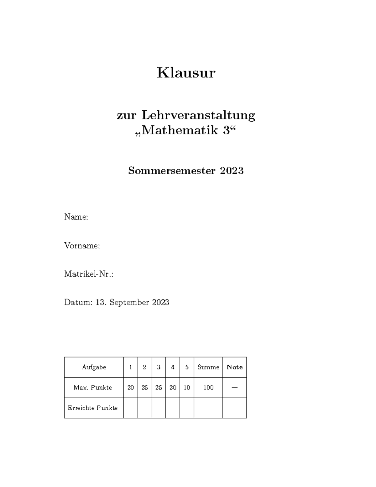 Klausur Mathematik 3 SoSe 2023: Prüfungsfragen und Lösungen - Document Preview