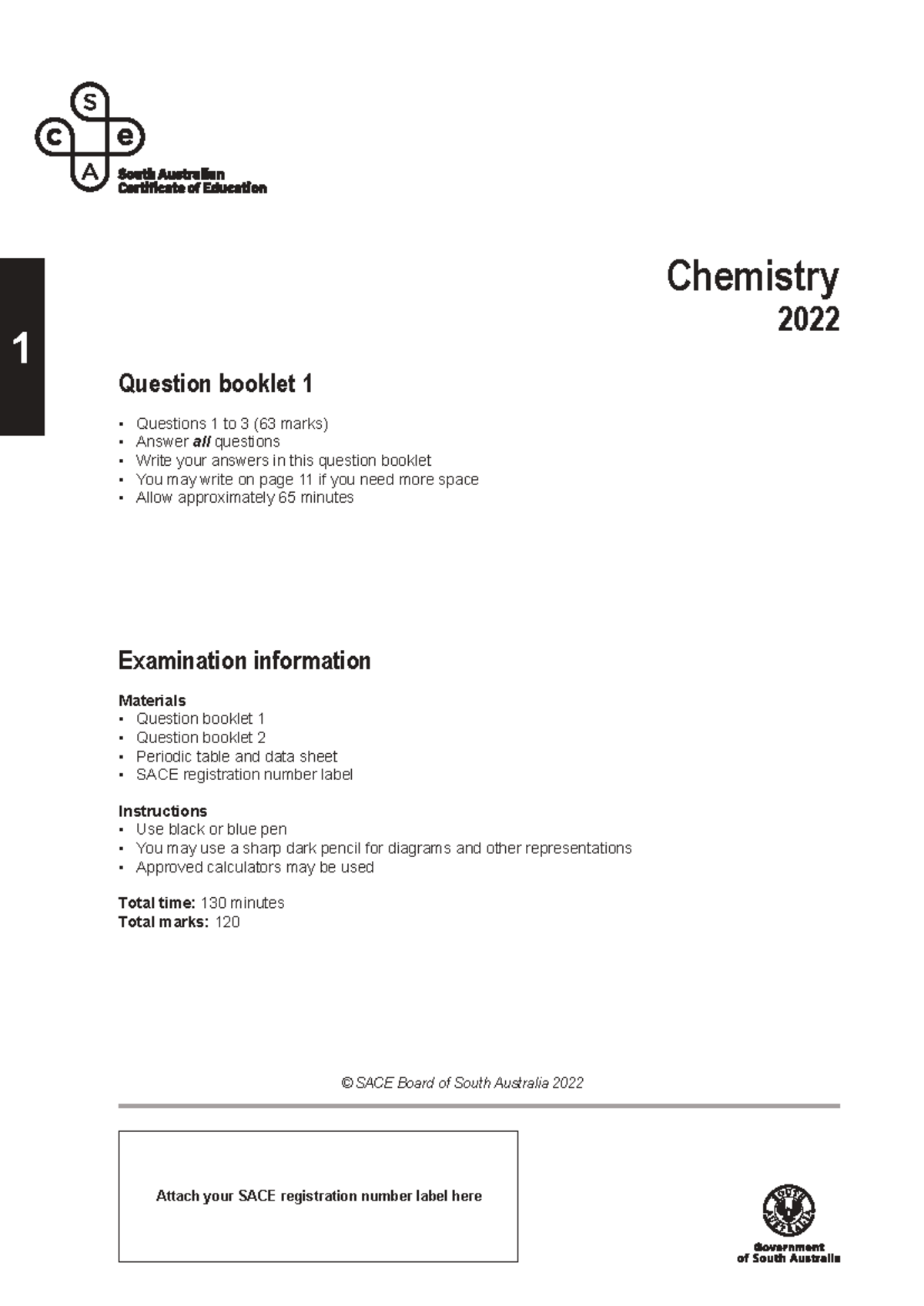 Chemistry 1 2022 Final Exam Question Booklet 1 (120 Marks) - Studocu
