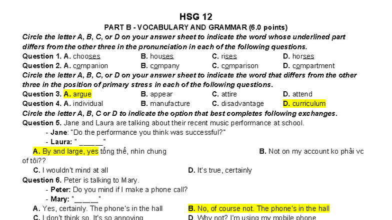 HSG-12 - HSG-12 - HSG 12 PART B - VOCABULARY AND GRAMMAR (6 points ...