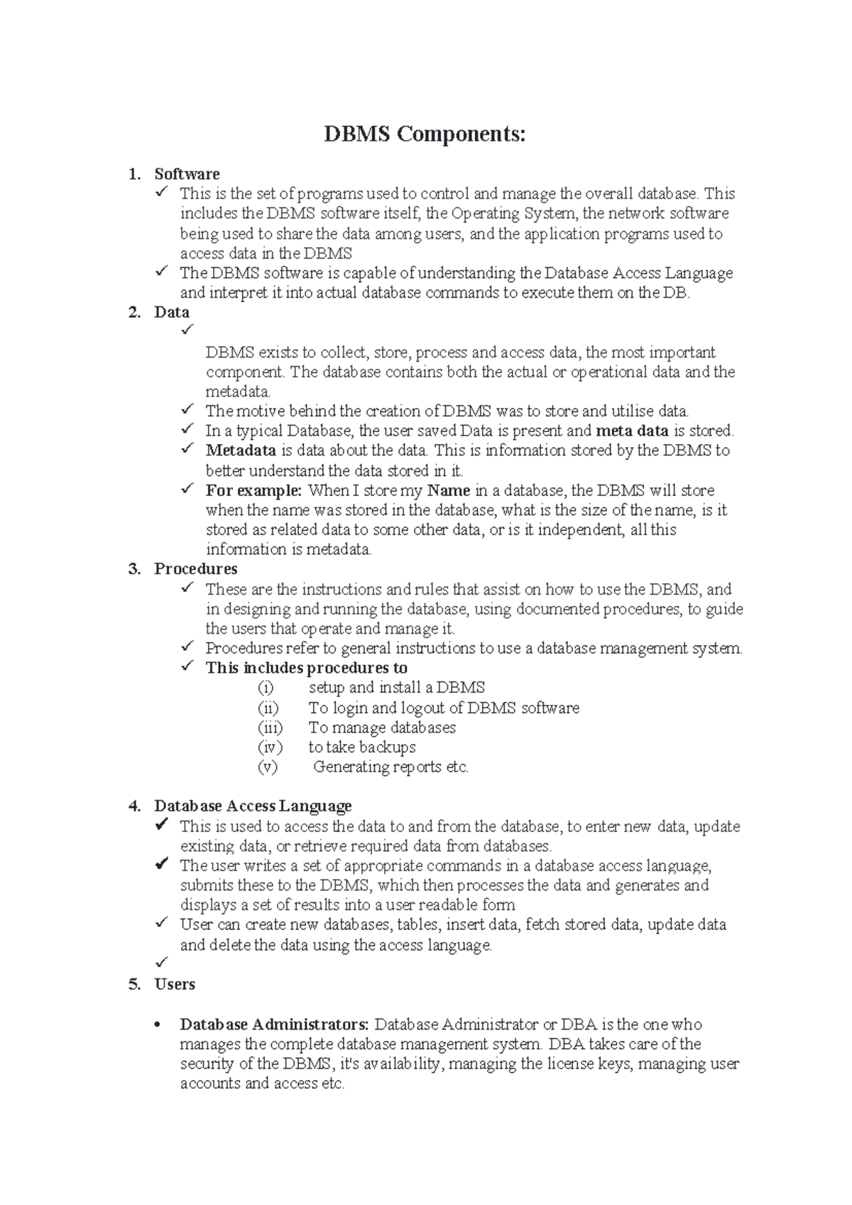 DBMS Components Overview: Key Elements Explained for CS101 - Studocu
