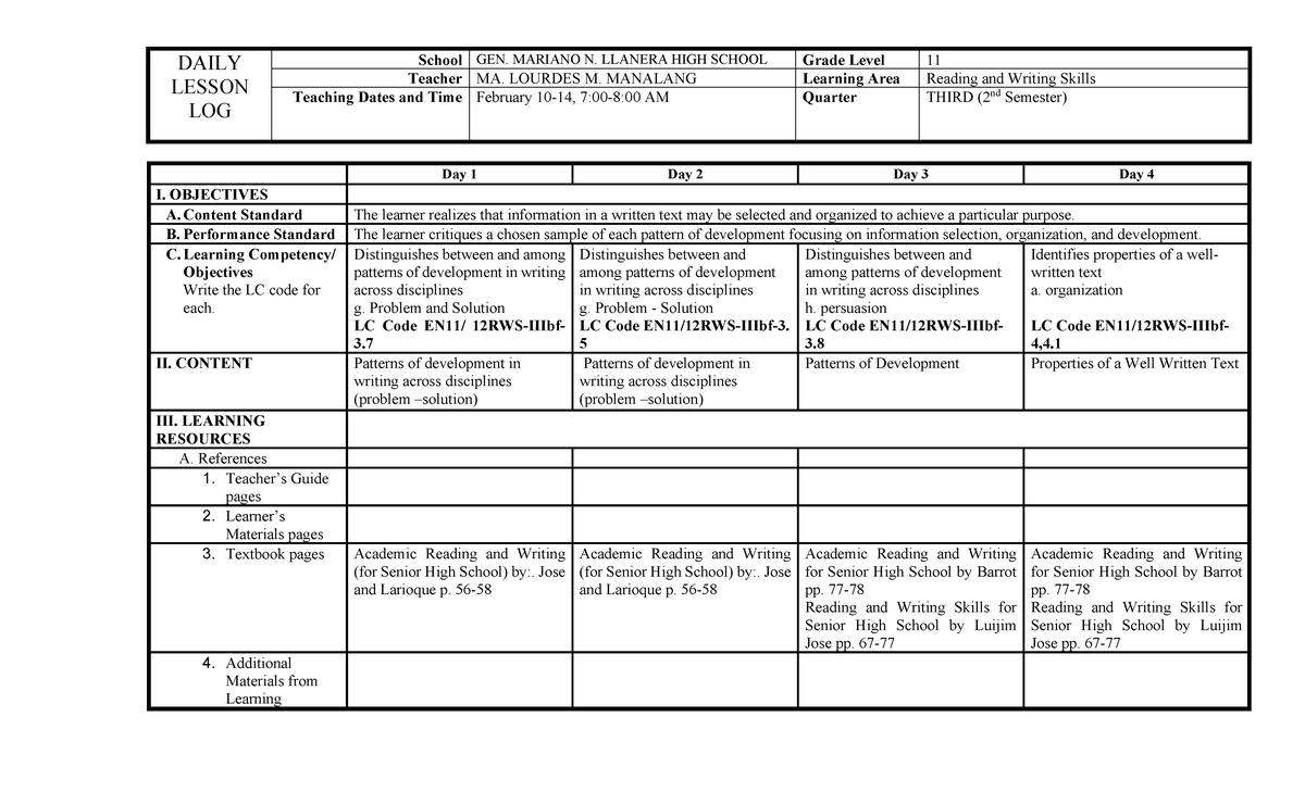 DAILY LESSON LOG (DLL) for Reading and Writing Skills - Feb 2025 - Studocu