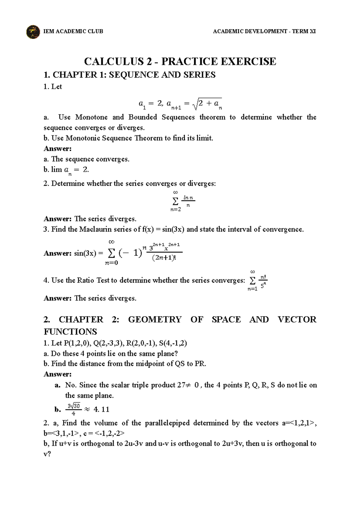 IEM ACADEMIC CLUB CALCULUS 2 TERM XI PRACTICE EXERCISES - Studocu
