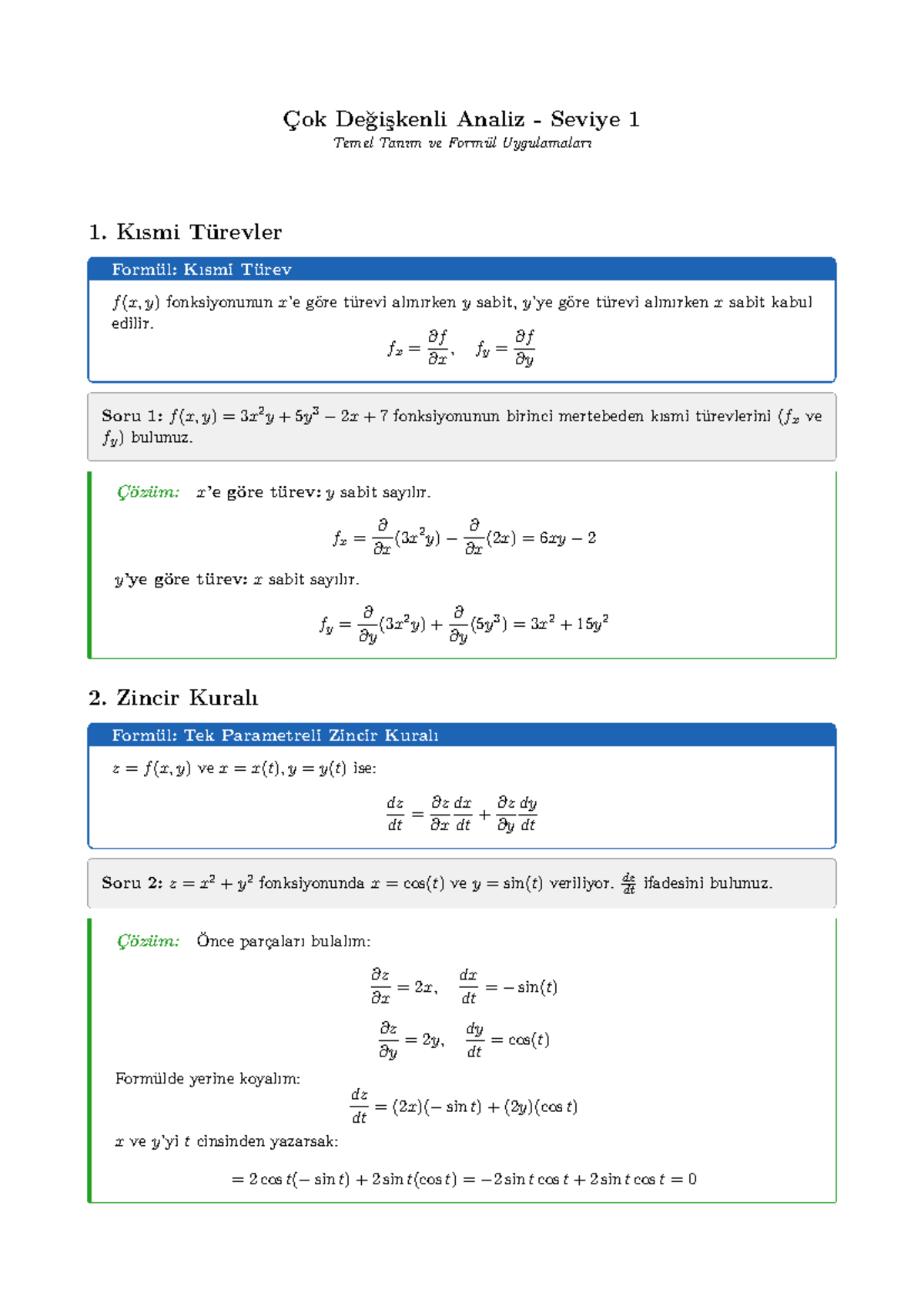 Calculus 102 Seviye 1 - Çok Değişkenli Analiz Formülleri ve ...