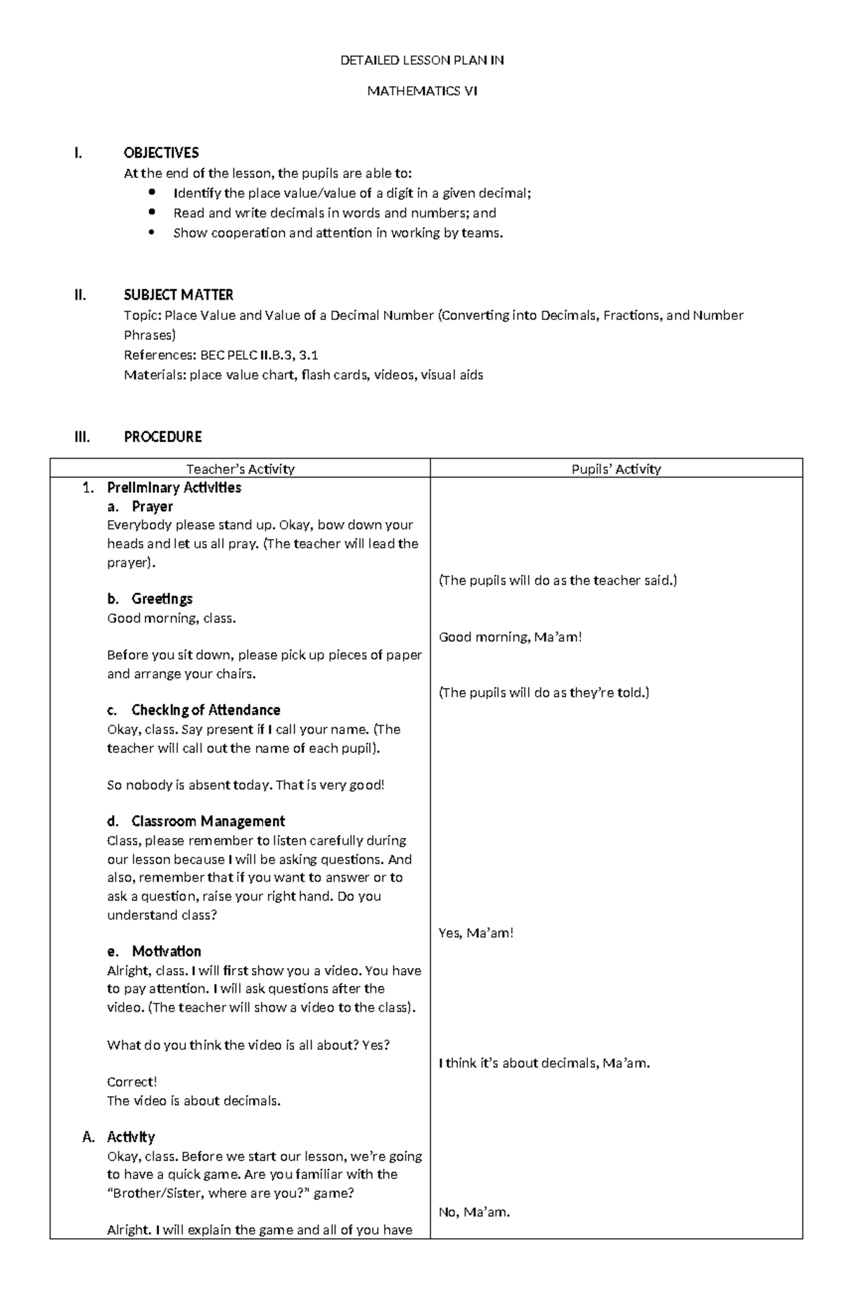 Detailed Lesson PLAN IN MATH 5 - DETAILED LESSON PLAN IN MATHEMATICS VI ...
