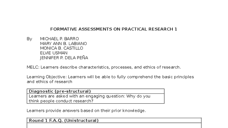 Formative Assessments on Practical Research 1: Engaging Activities and ...