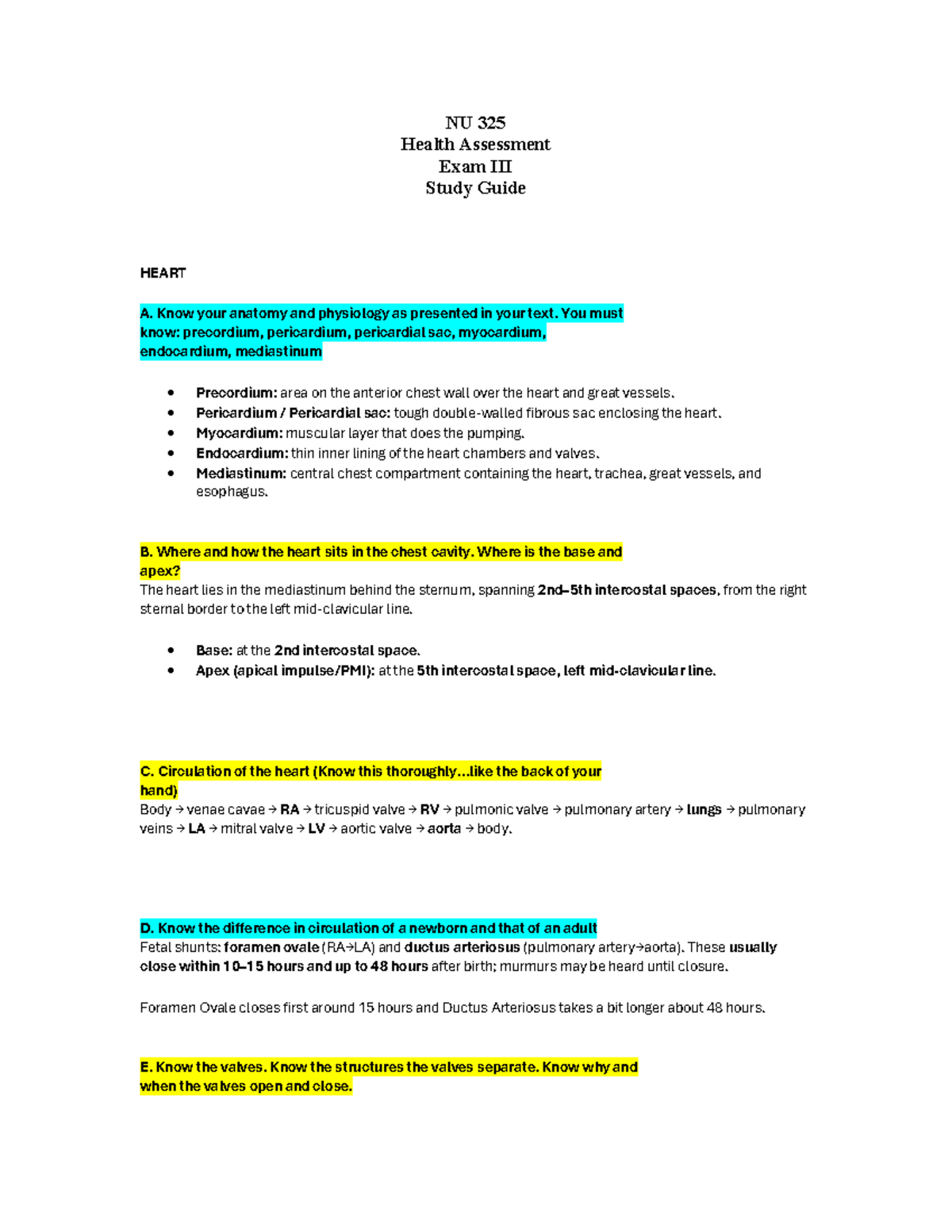NU 325 Health Assessment Final Exam Study Guide: Cardiac & Respiratory ...