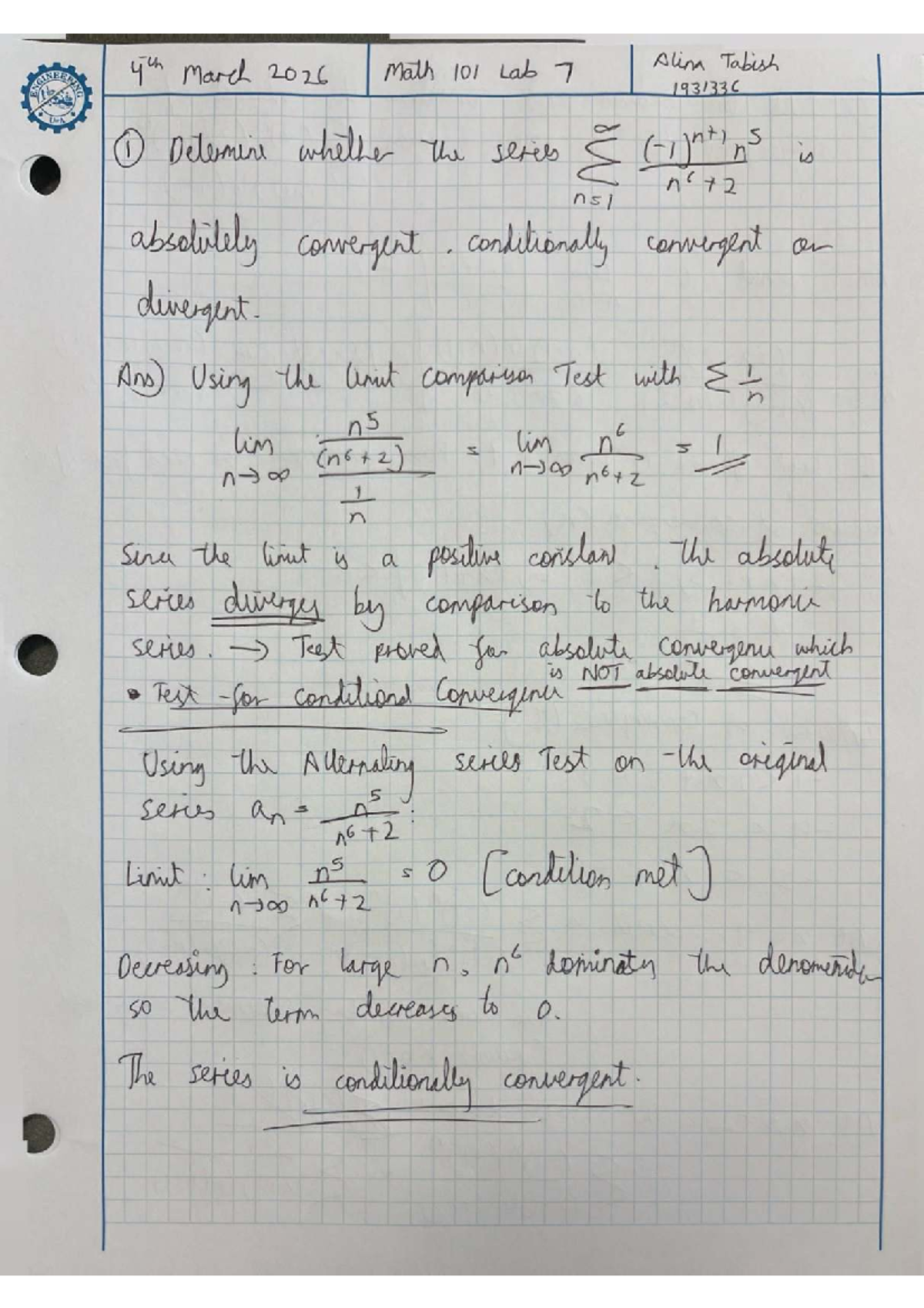 Math 101 Lab 7: Series Convergence Analysis by Alina Tabish - Studocu