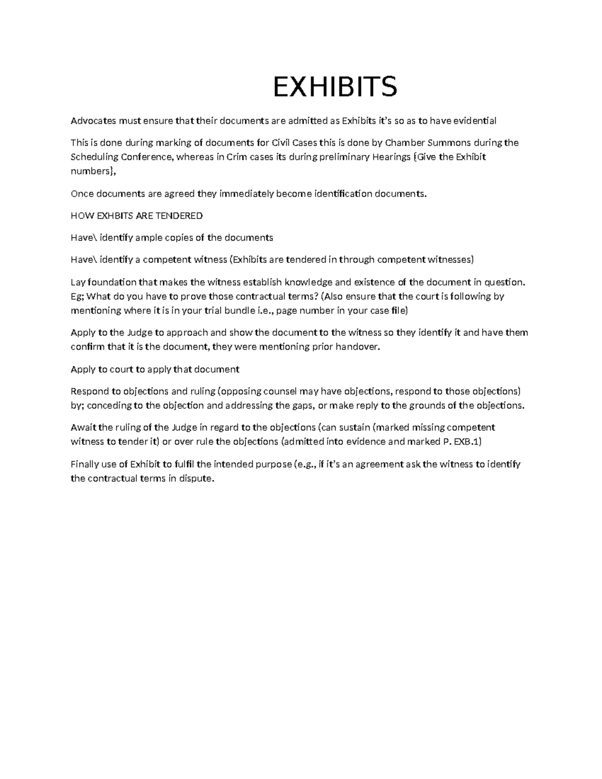 EXH 101: Understanding the Role of Exhibits in Trial Advocacy - Studocu
