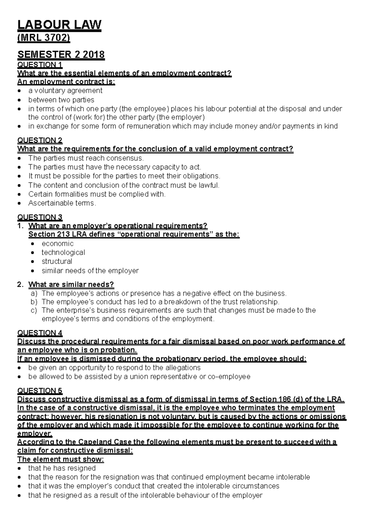 MRL 3702 Labour Law Notes: Key Concepts and Case Studies 2025 - Studocu