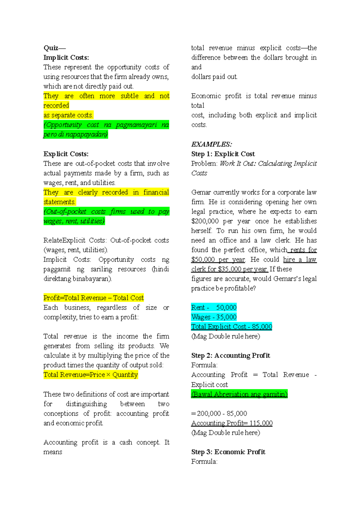 Econ-Reviewer: Implicit vs Explicit Costs and Profit Analysis - Studocu