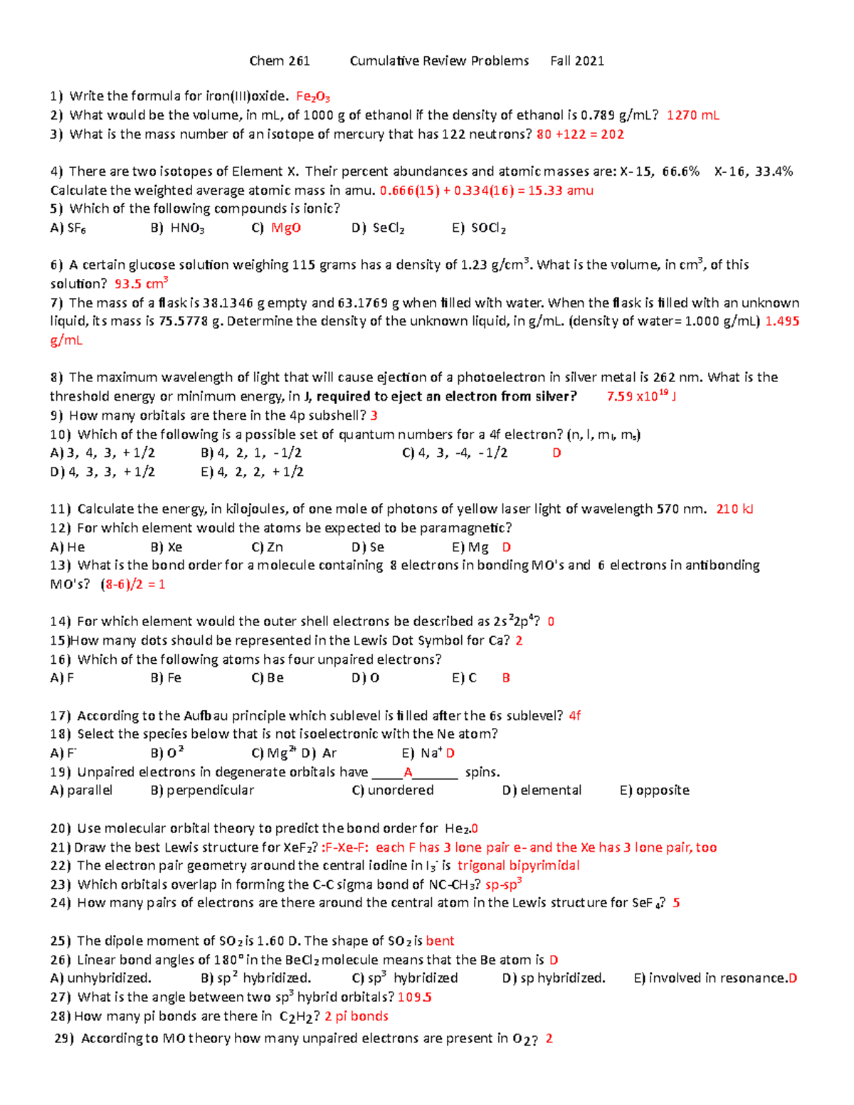 Final Exam Chem 261 Cumulative Review Worksheet with Answers - Studocu