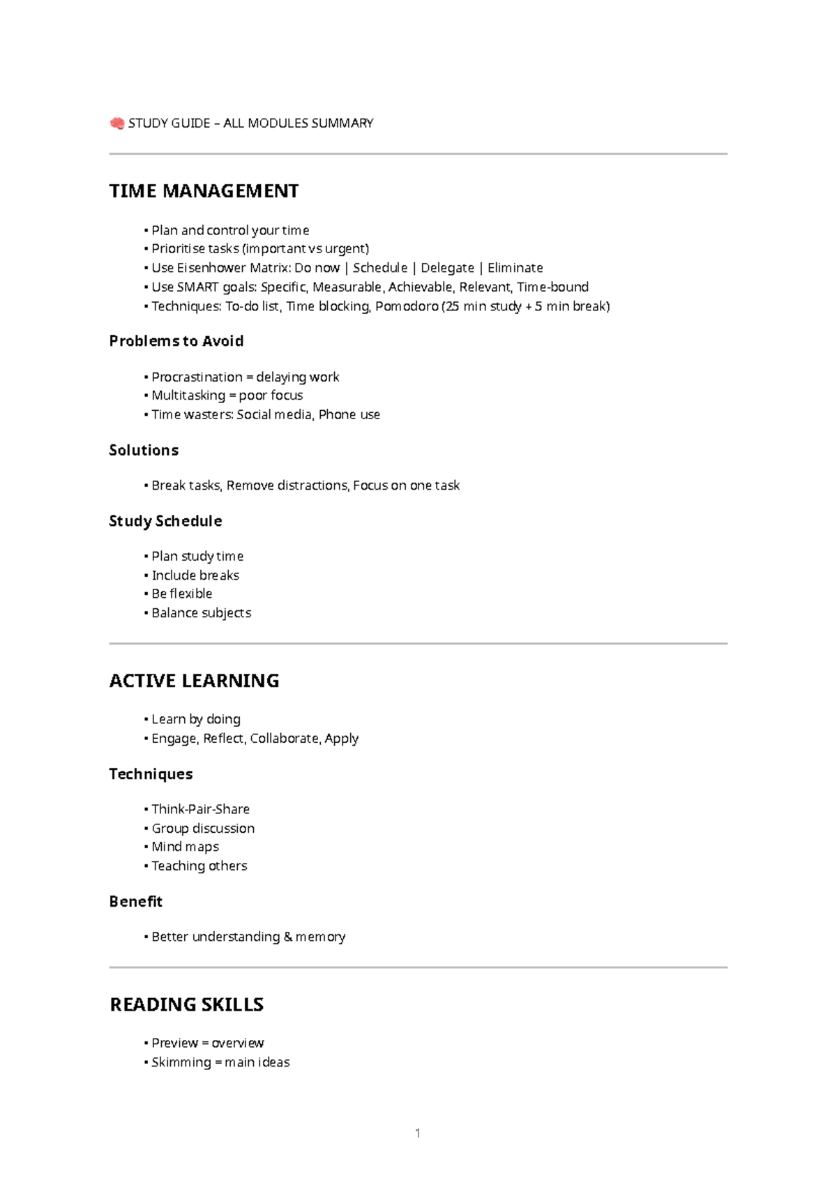 STUDY GUIDE: TIME MANAGEMENT & ACTIVE LEARNING STRATEGIES - Studocu
