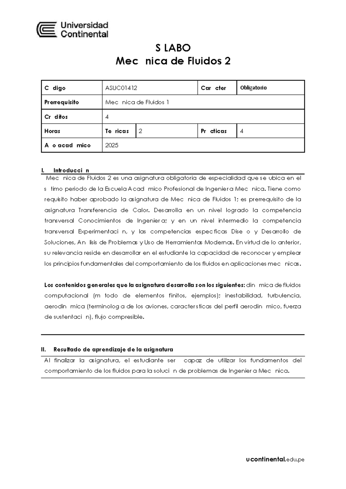 Sílabo Mecánica de Fluidos 2 - ASUC01412 (Año Acad. 2025) - Document Preview