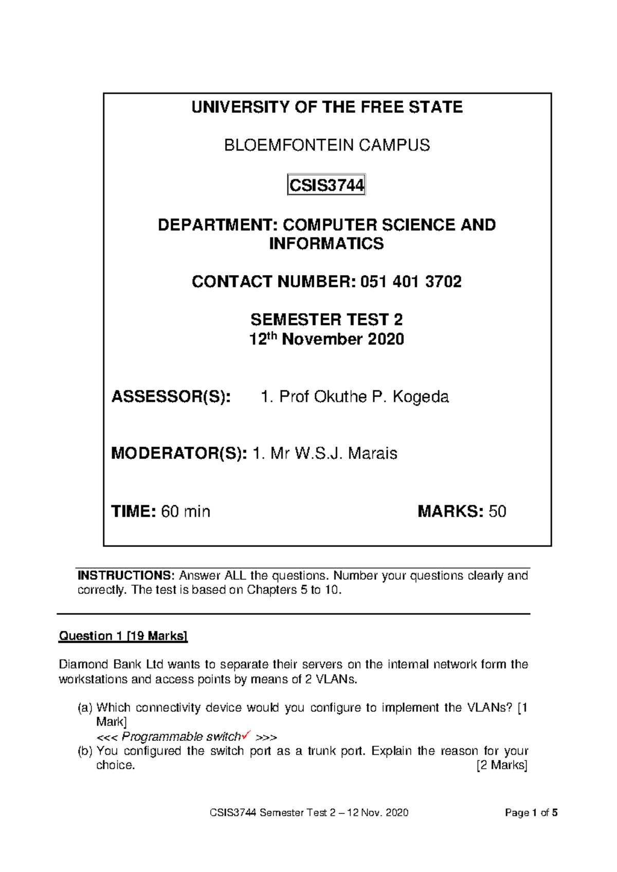 CSIS3744 Semester Test 2 - Computer Science & Informatics 2020 - Studocu