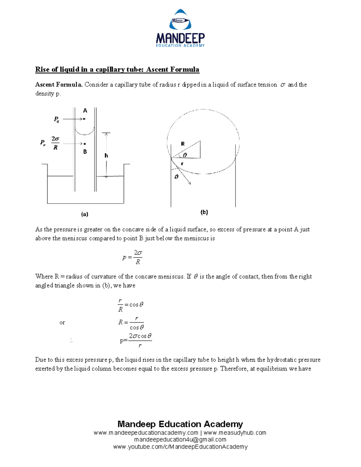 Rise of Liquid in Capillary Tube: Ascent Formula Analysis - 6243A - Studocu