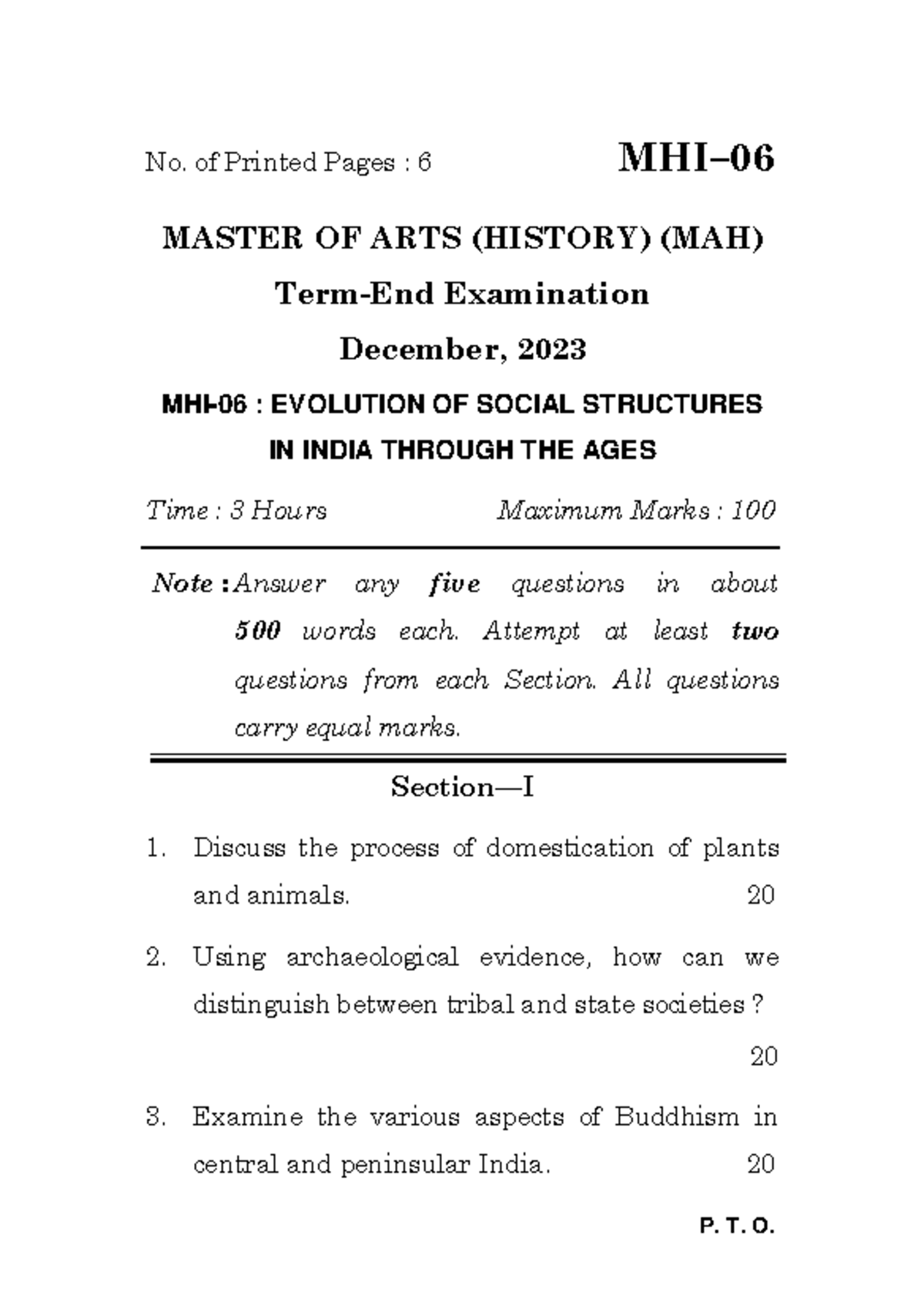 MHI-06 - Exam Paper: Evolution of Social Structures in India - Studocu