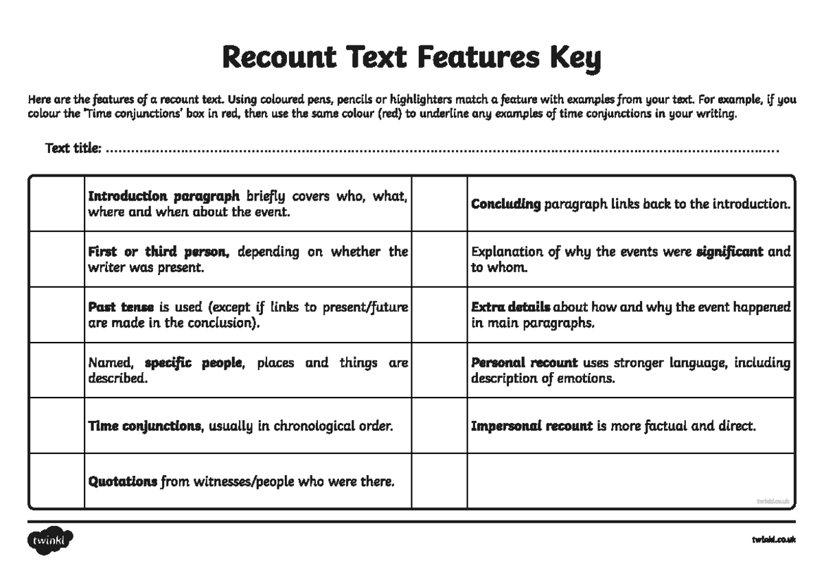 T2 E 1234 LKS2 Features of a Recount Text Checklist - Recount Text ...