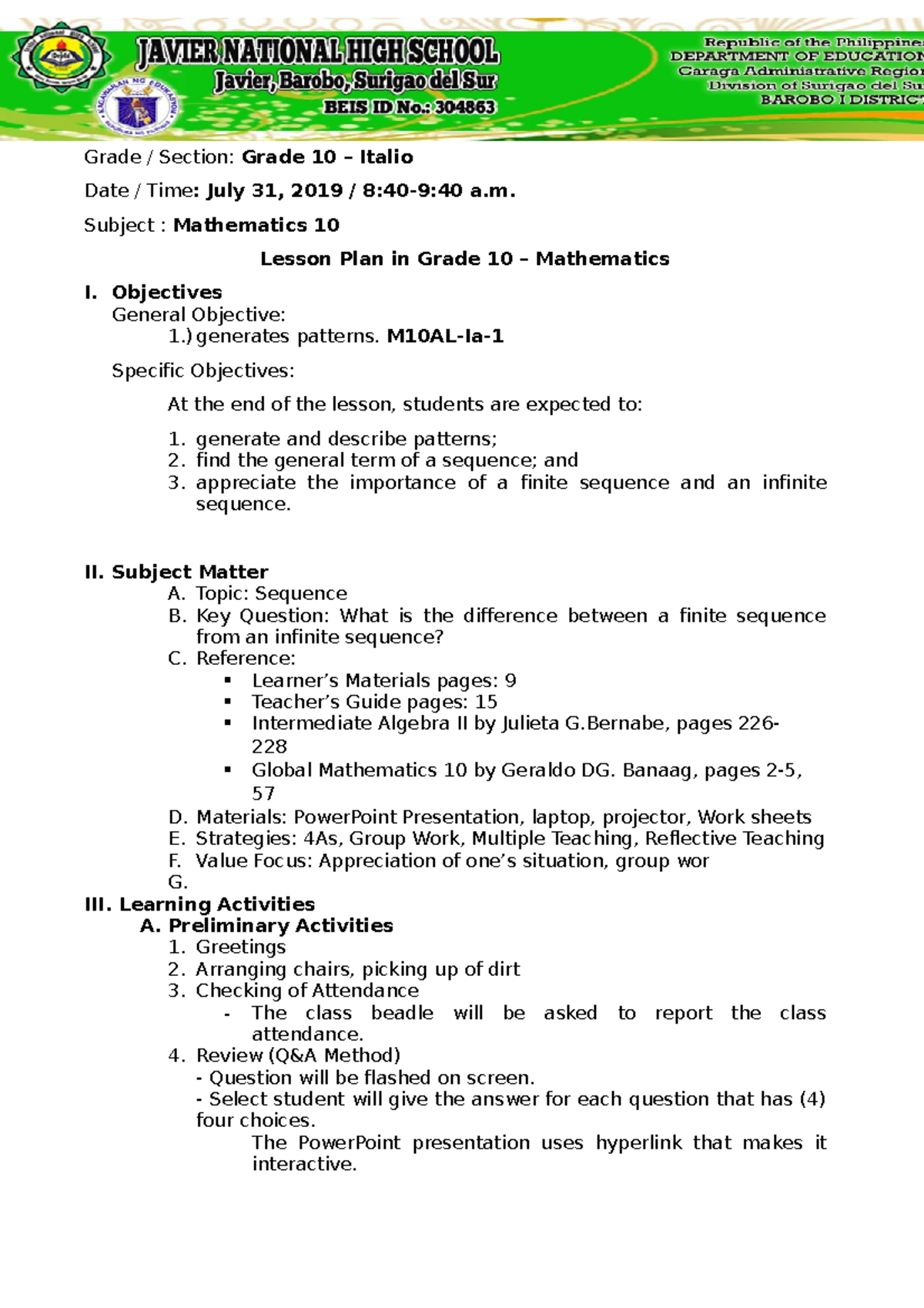 Lesson Plan for Mathematics 10: 1st Quarter on Sequences - Studocu