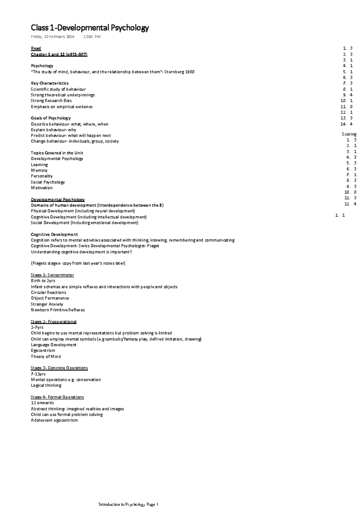 Psychology UNIT 1 EXAM PREP SCSA - Summary of Key Concepts - Studocu