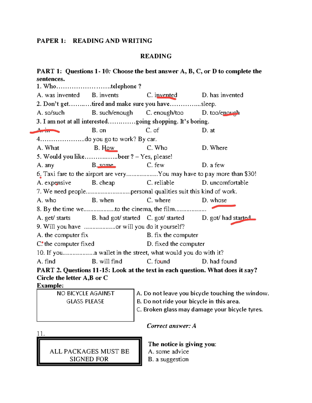 PAPER 1: READING AND WRITING TEST 8 - Questions and Answers - Studocu