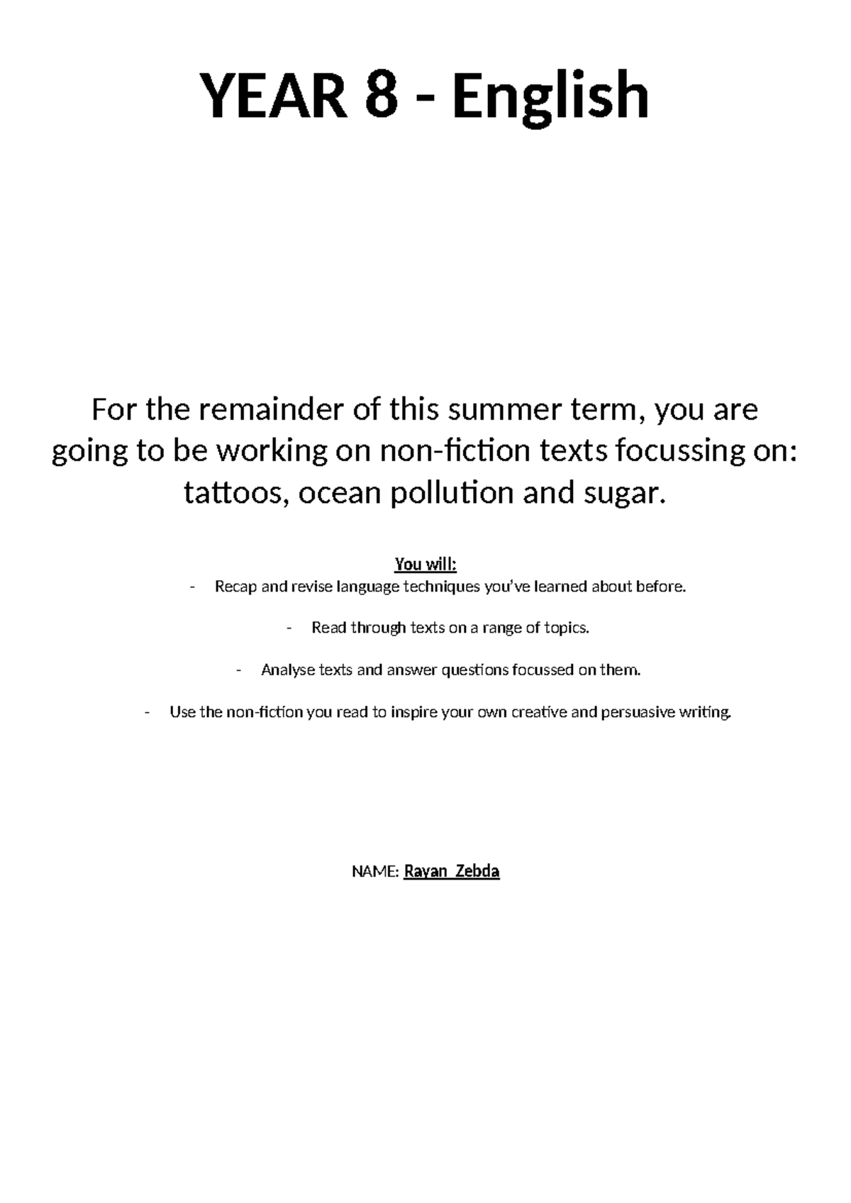 English Year 8 050122 - ilik learnin - YEAR 8 - English For the ...