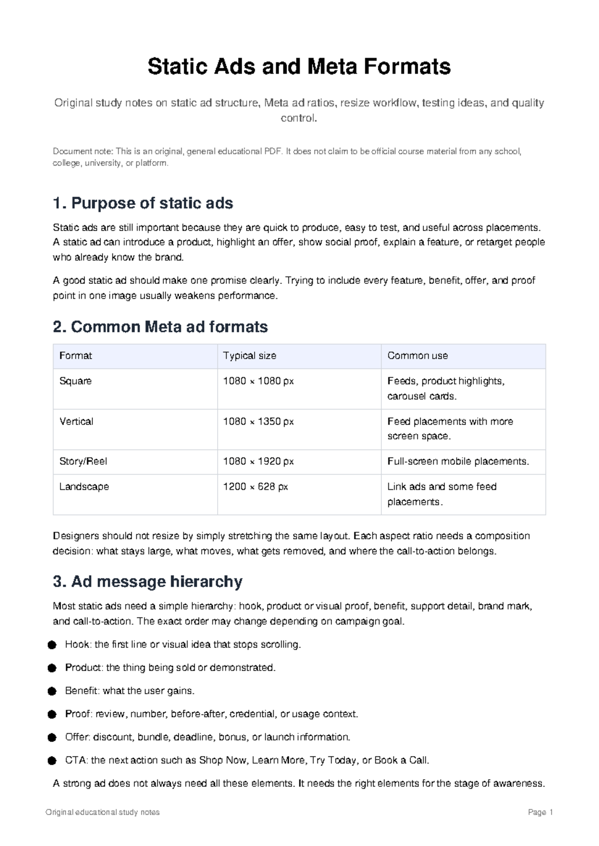 Static Ads & Meta Formats: Study Notes on Structure & Testing - Studocu