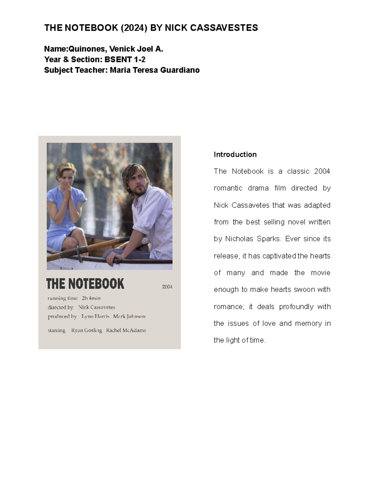 The Notebook (2004): A Romantic Analysis of Love and Memory - Studocu