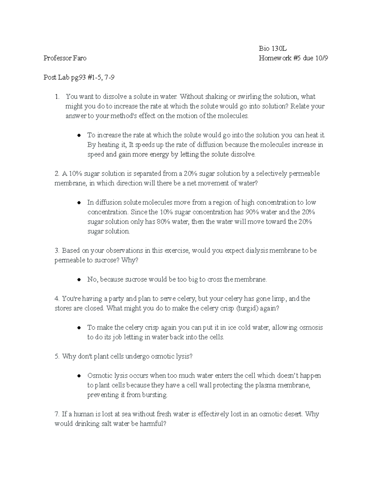 Bio 130L Homework #5 Professor Faro - Bio 130L Professor Faro Homework ...