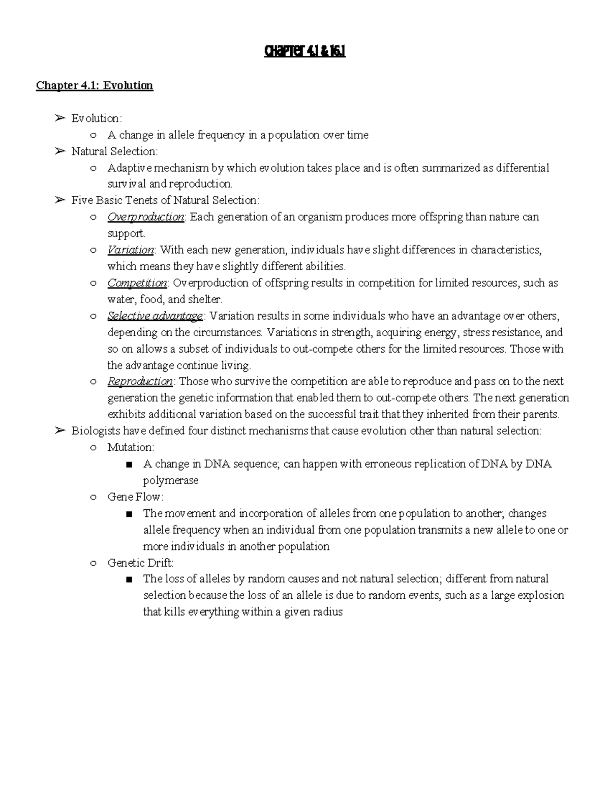 Chapters 4.1 & 16.1 Biology Lecture Notes on Evolution & Variation ...