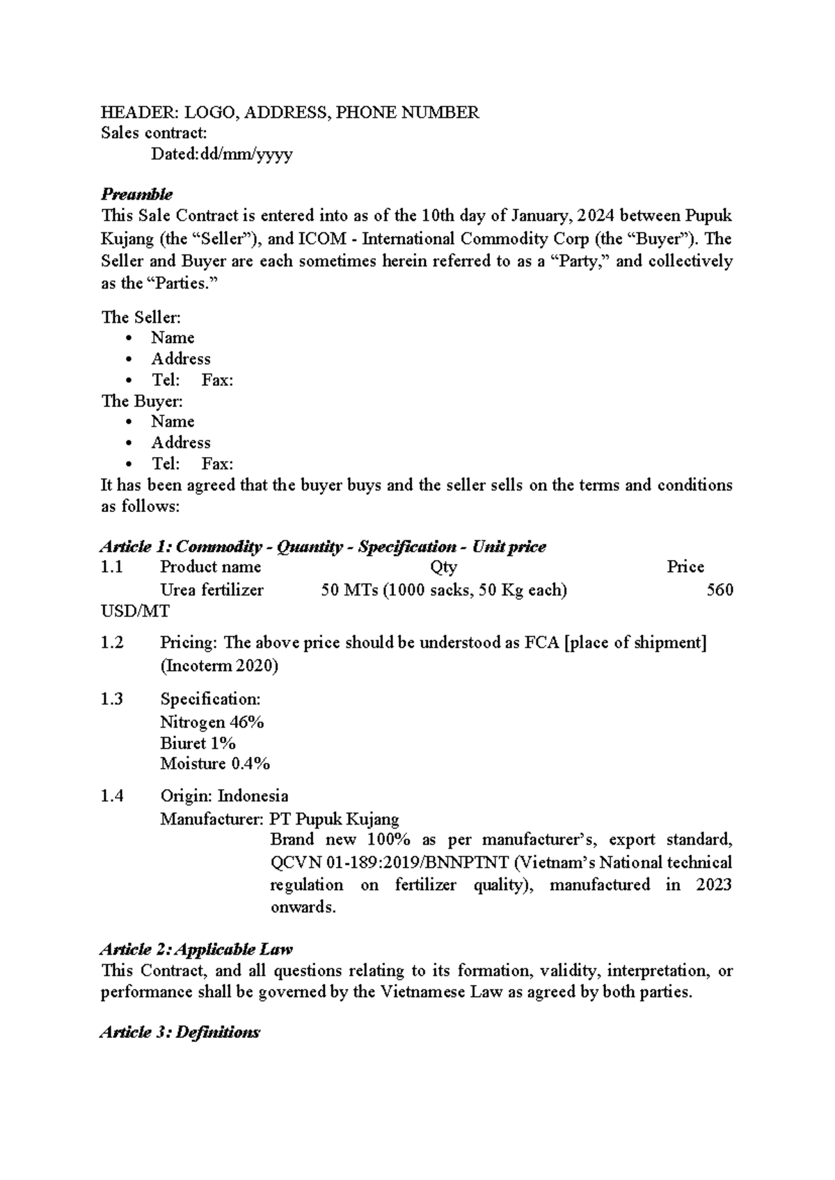 Contract Final - HEADER: LOGO, ADDRESS, PHONE NUMBER Sales contract ...