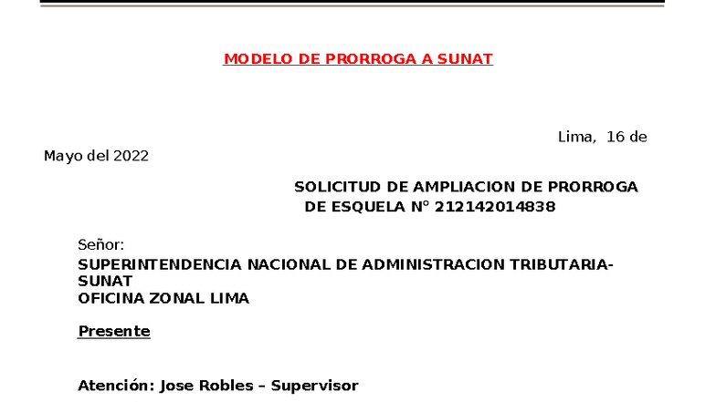 Modelo de Solicitud de Prórroga a SUNAT - Lima 2022 - Studocu