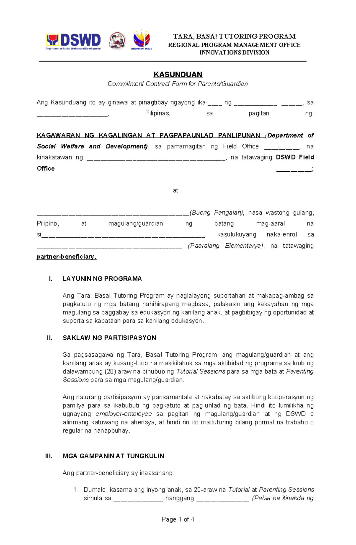 TARA, BASA! Commitment Contract Form for Tutoring Program - Studocu