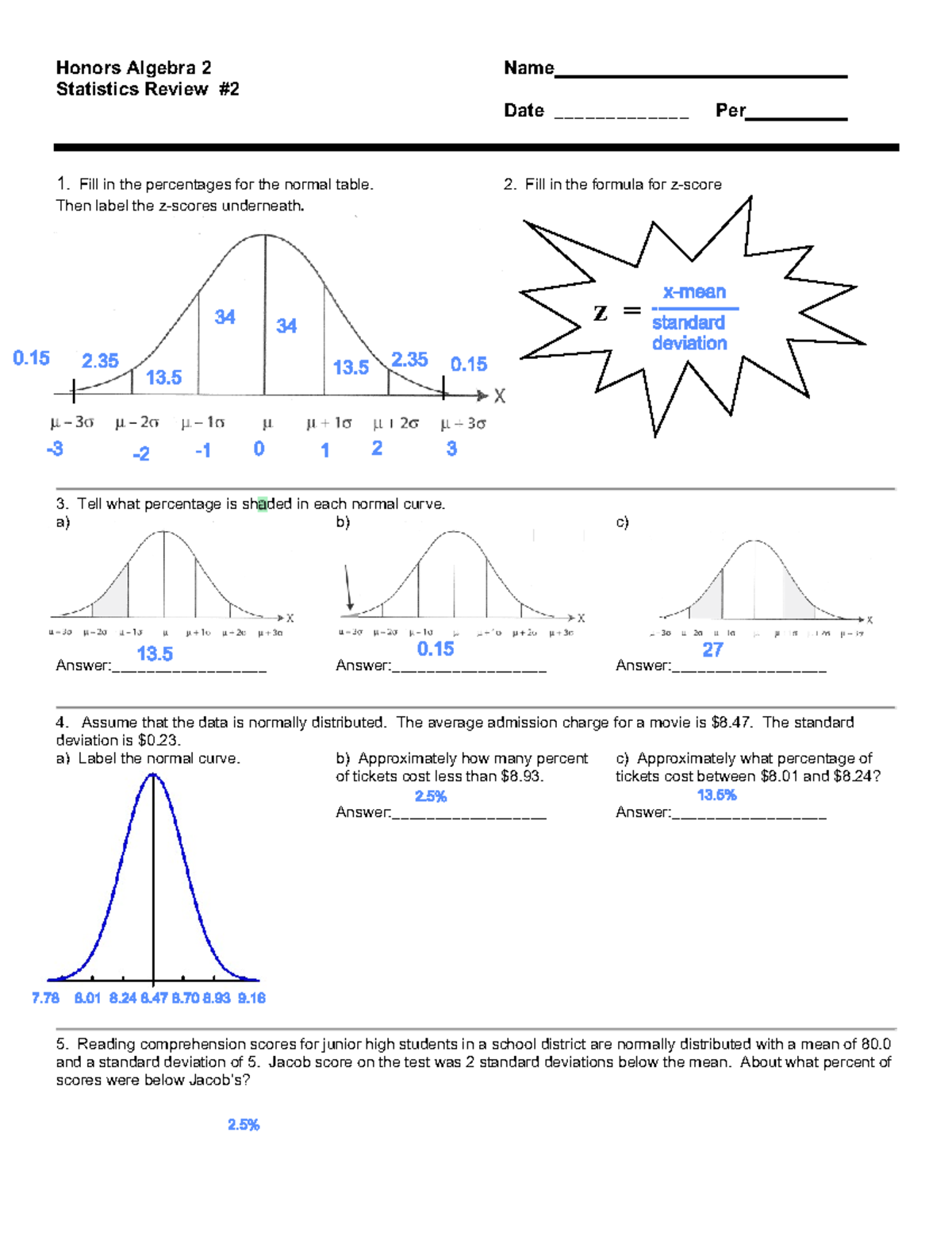 Honors Algebra 2 Statistics Review 2 Key: Normal Distribution Concepts ...