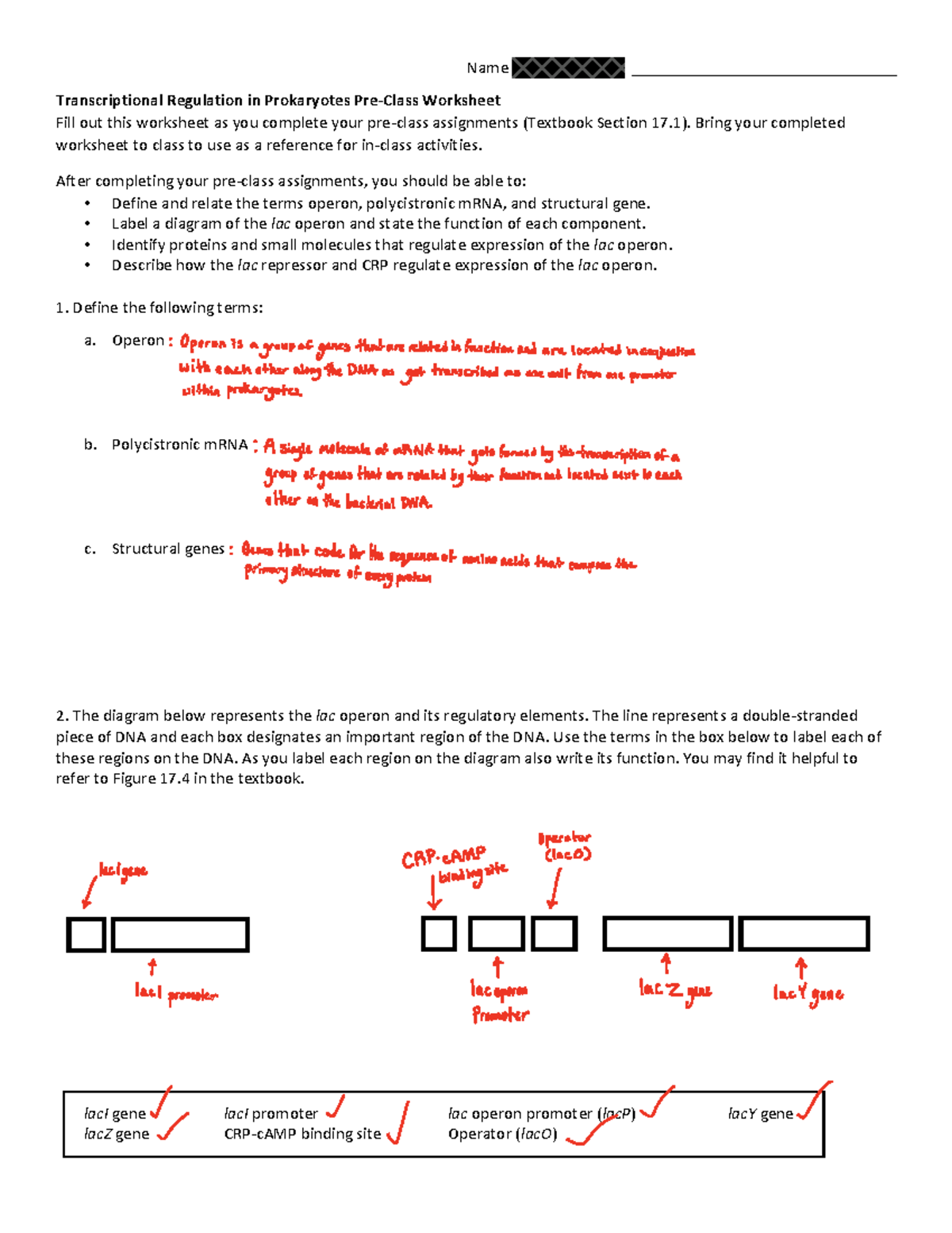 Week 7b Pre-class Reading Guide-Prokaryotic Gene Expression - Name