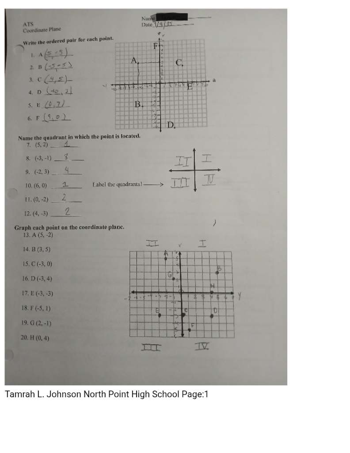 Coordinate Plane Exercises: Points & Quadrants - Studocu