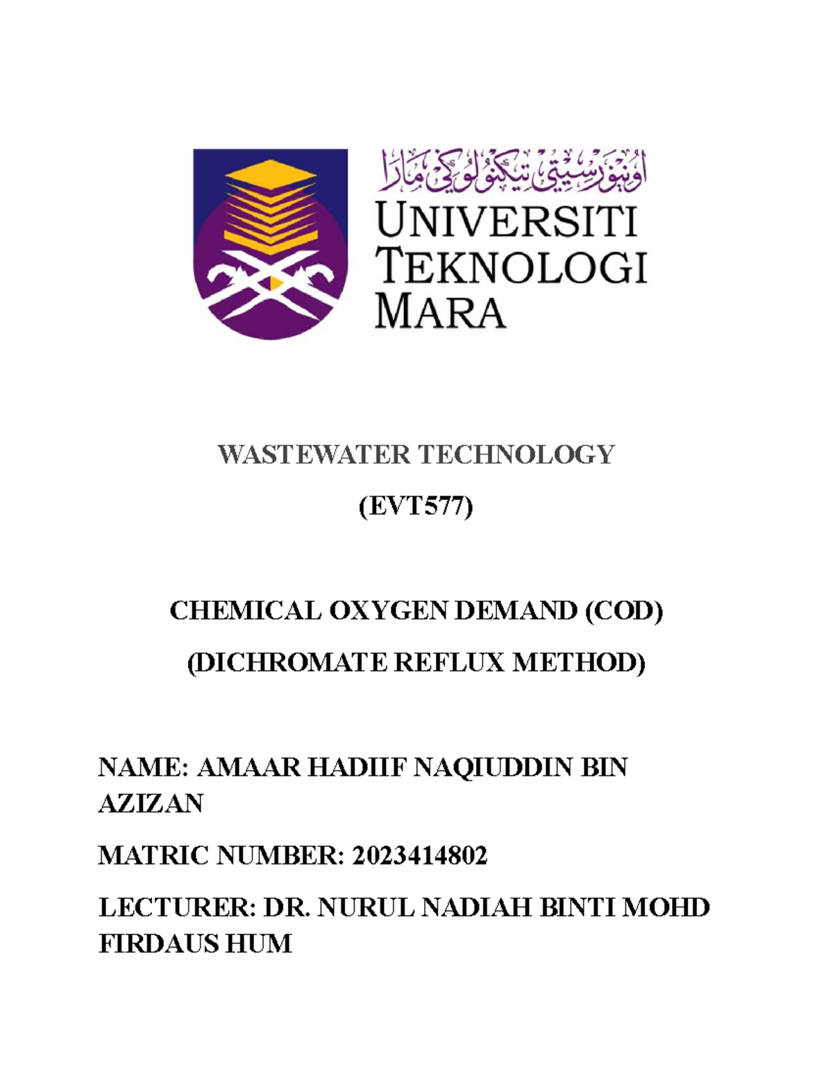 EVT577 Chemical Oxygen Demand (COD) Analysis Using Dichromate Method ...