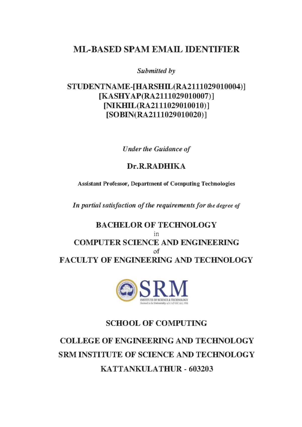 SPAM EMAIL IDENTIFIER - B.Tech Project Report in CSE - Studocu