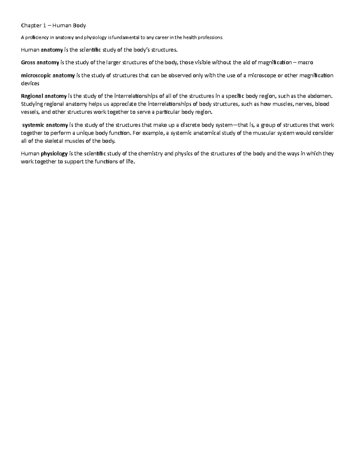 Anatomy Notes Chapter 1 - Chapter 1 – Human Body A proficiency in ...