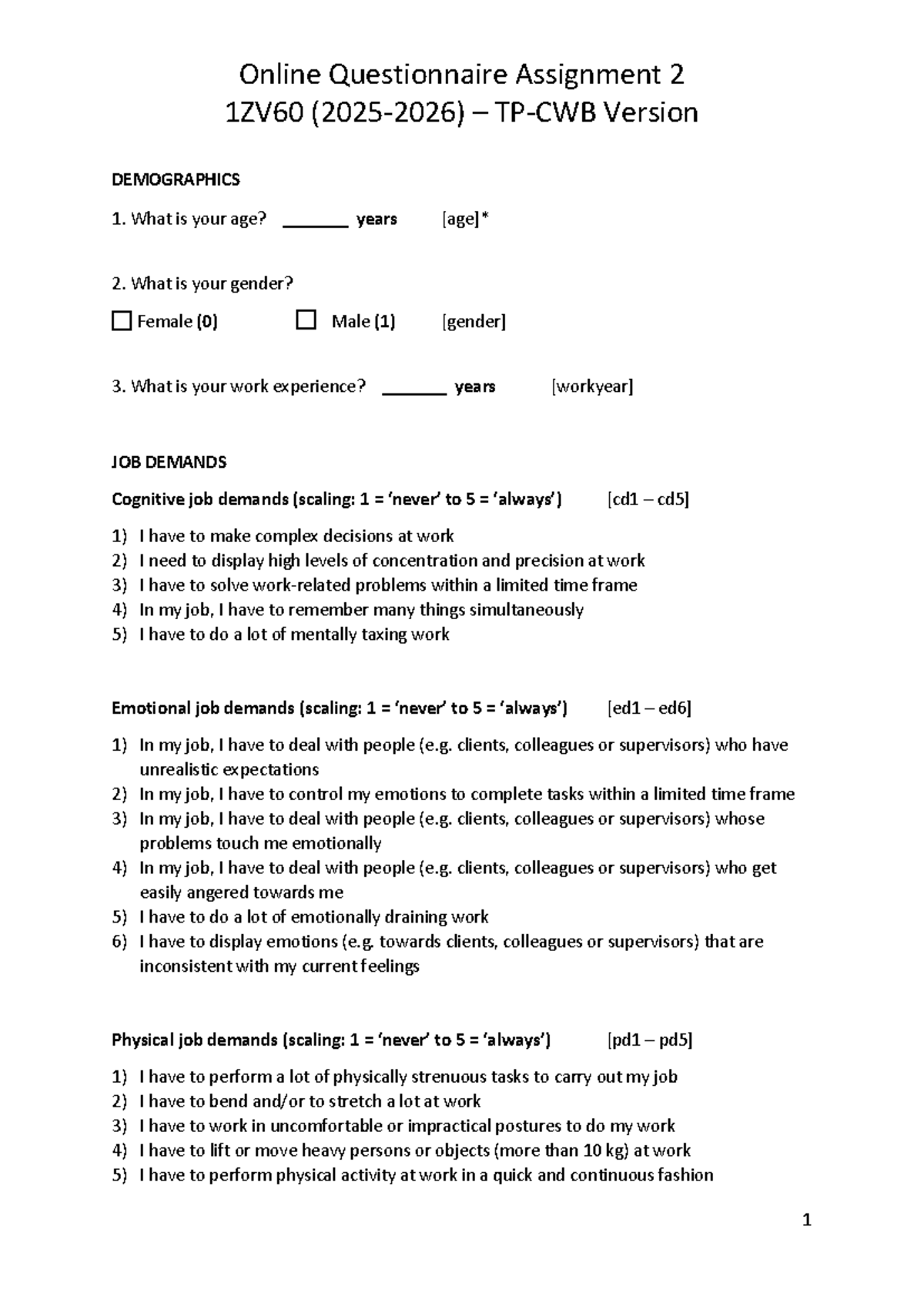 Assignment 2 Questionnaire 1ZV60 (2025-2026) - Job Demands & Resources ...