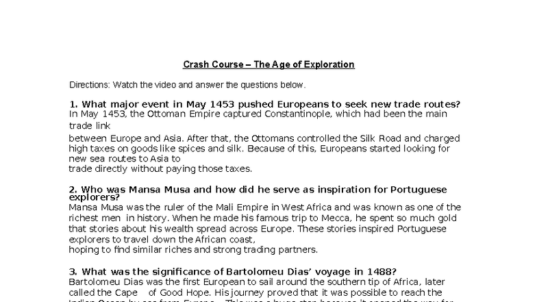 Crash Course The Age Of Exploration Insights And Questions Studocu