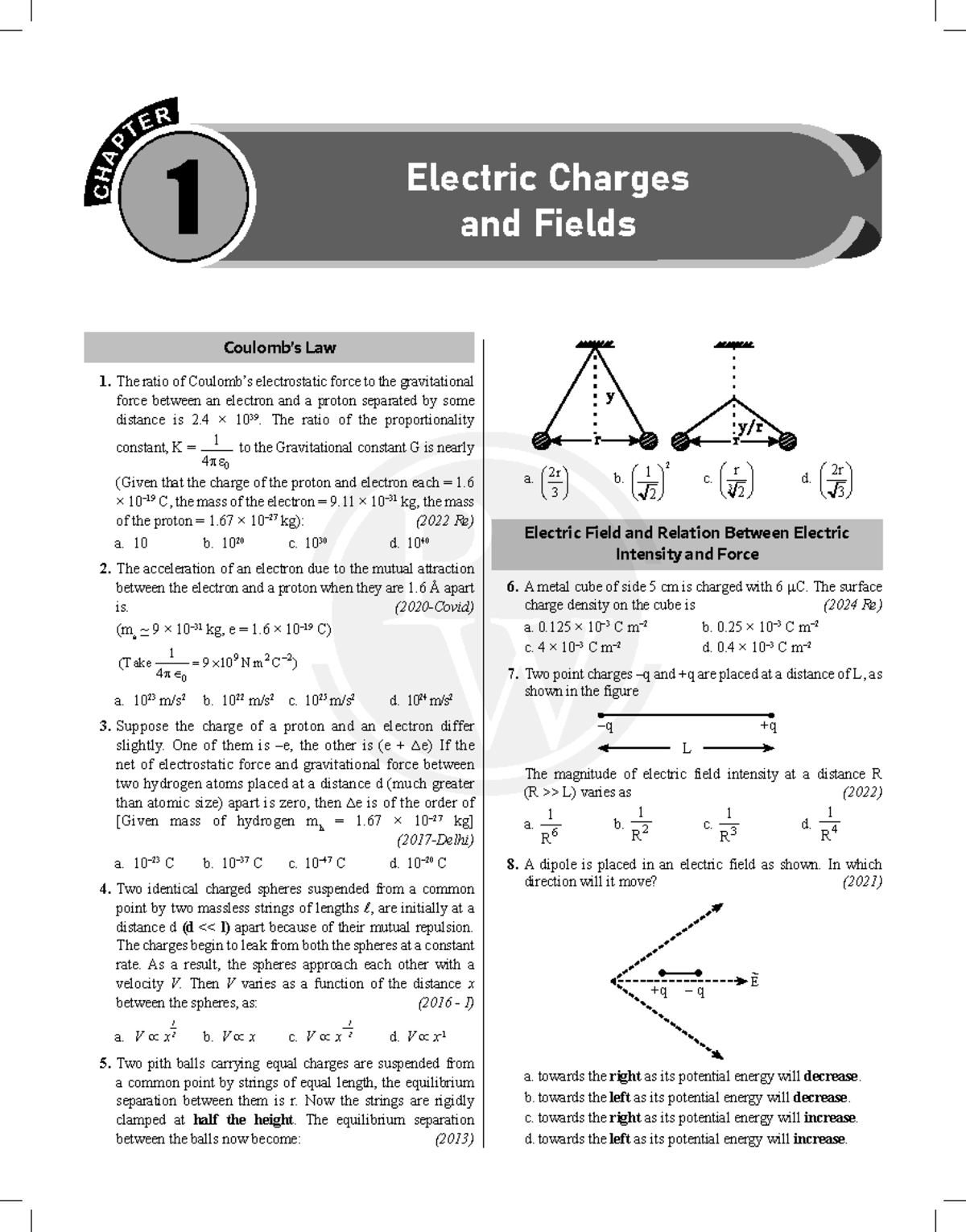 Chapterwise PYQ for P CHA TE R 1: Electric Charges and Fields - Studocu