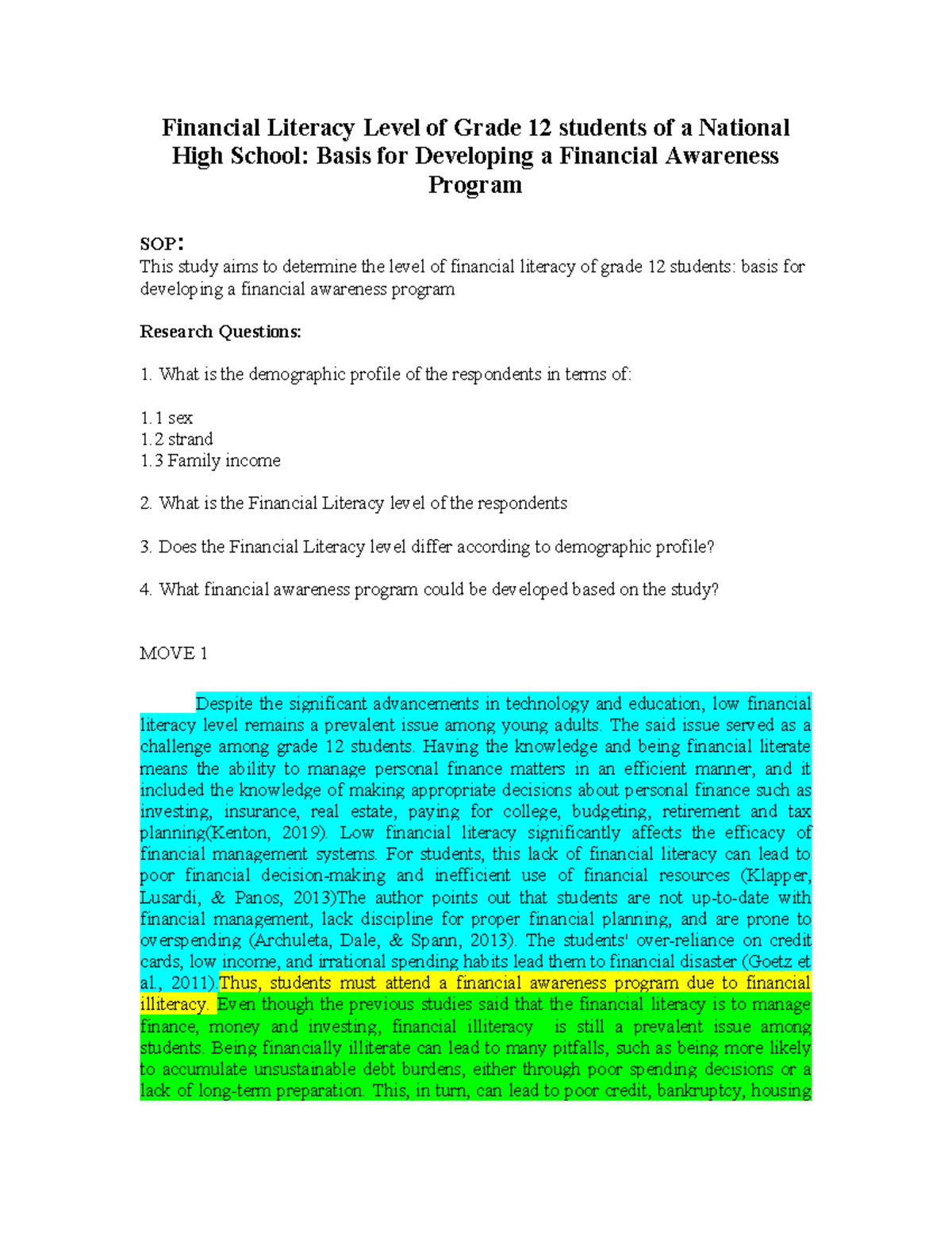 Grade 12 Financial Literacy Study: Foundation for Awareness Program ...