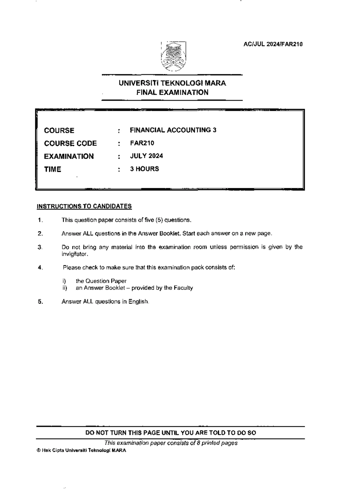 FAR210 July 2022 Final Assessment: Financial Accounting 3 Exam Paper ...